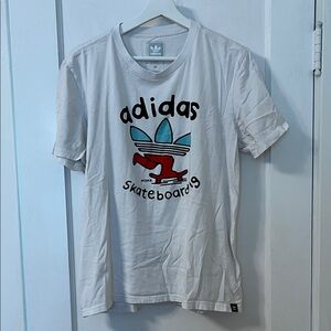 Adidas White Tee with Red and Blue Skateboarding Graphic